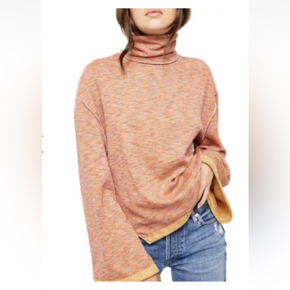 New Free People Sunny Days Stretch Cotton Turtleneck Sweater Orange Size XS